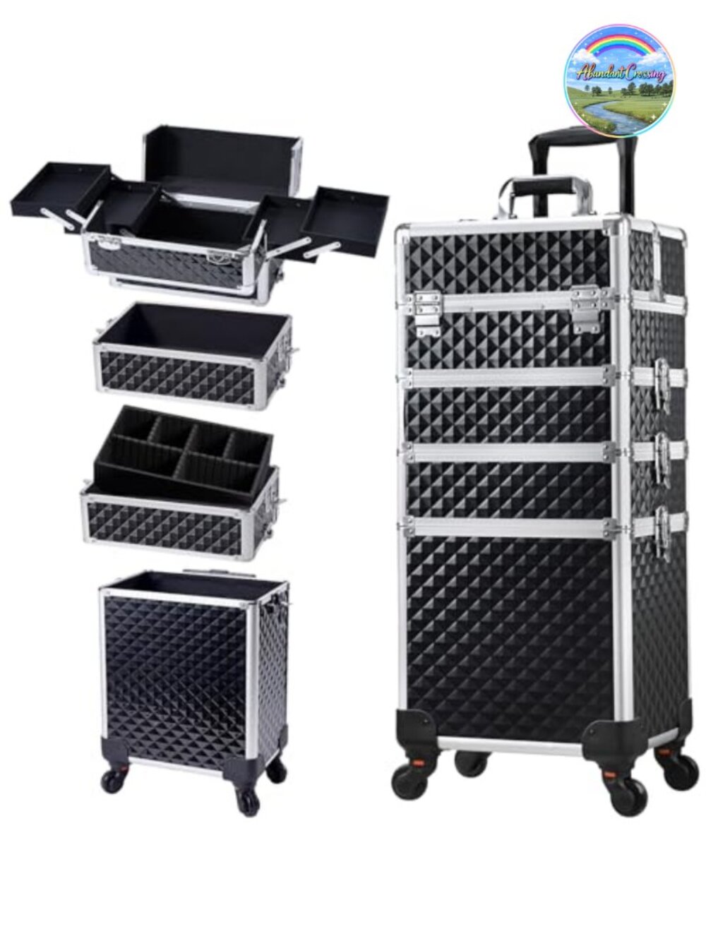 Rolling Makeup Train Case with Key Lock, 4-in-1 Cosmetic Organizer on Wheels